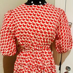 Pinkyotto Red and White Printed Puff-Sleeve Midi Dress